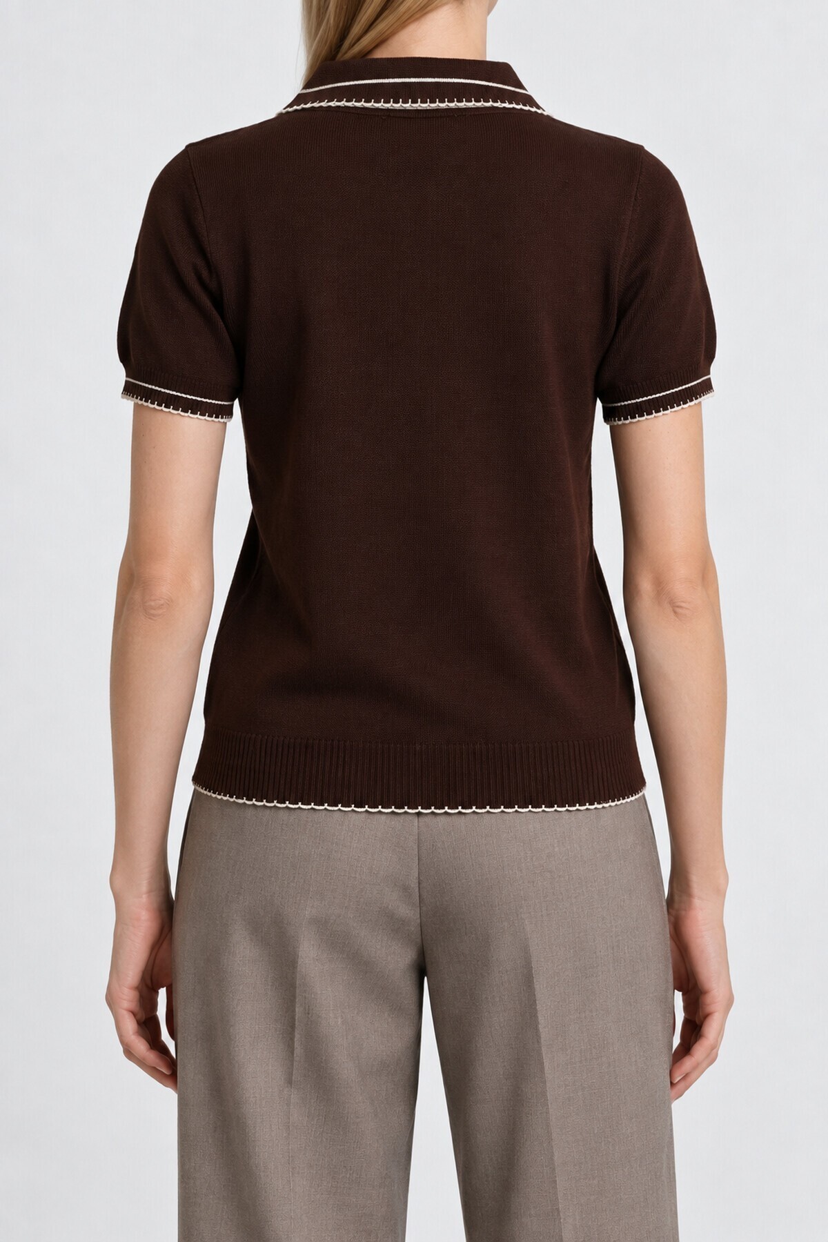 Kontrast Şeritli Polo Yaka Triko Bluz 4342 KAHVERENGİ LKİ0053