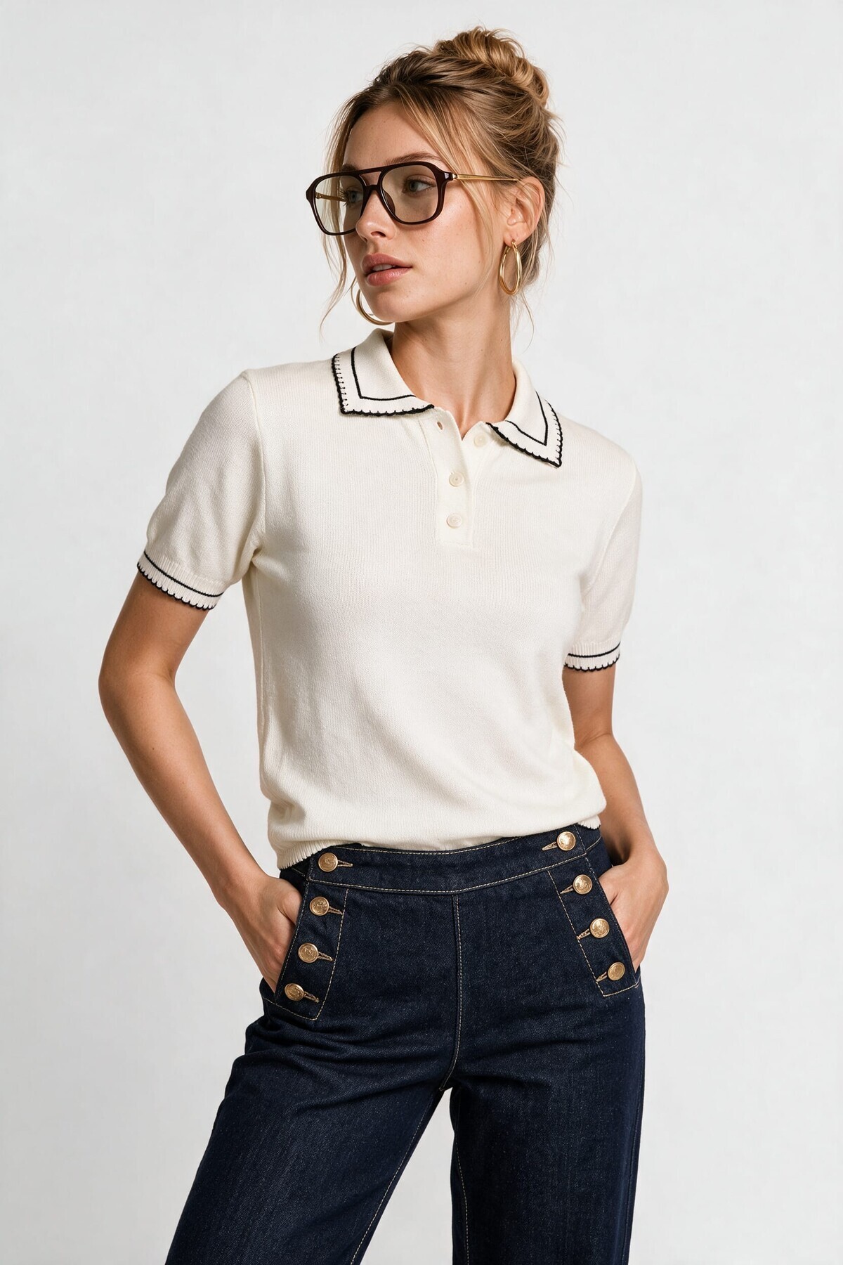 Kontrast Şeritli Polo Yaka Triko Bluz 4342 KEMİK LKİ0053