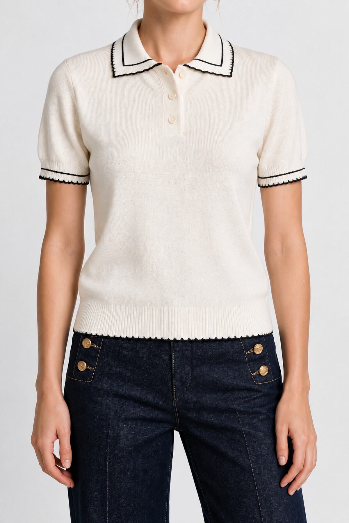 Kontrast Şeritli Polo Yaka Triko Bluz 4342 KEMİK LKİ0053