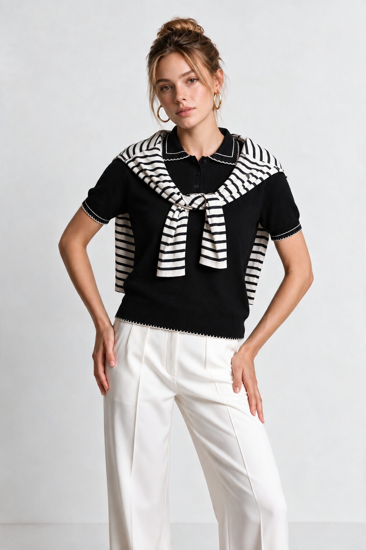 Kontrast Şeritli Polo Yaka Triko Bluz 4342 SİYAH LKİ0053
