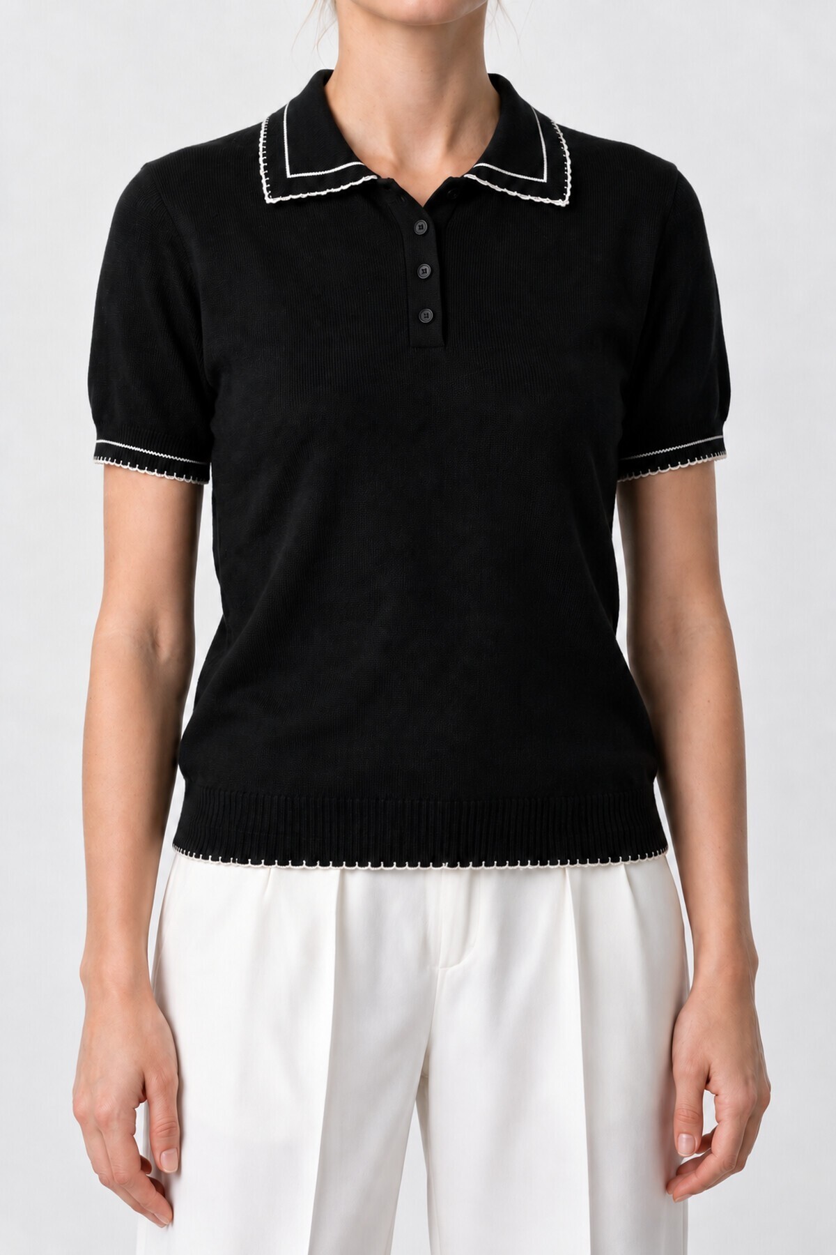 Kontrast Şeritli Polo Yaka Triko Bluz 4342 SİYAH LKİ0053