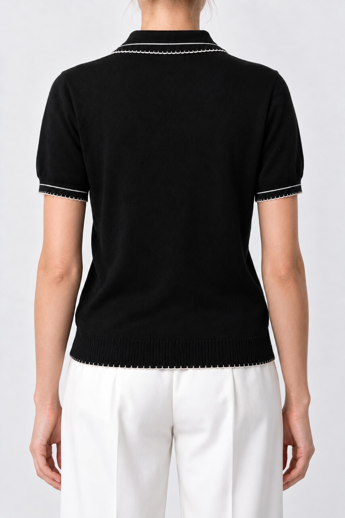 Kontrast Şeritli Polo Yaka Triko Bluz 4342 SİYAH LKİ0053
