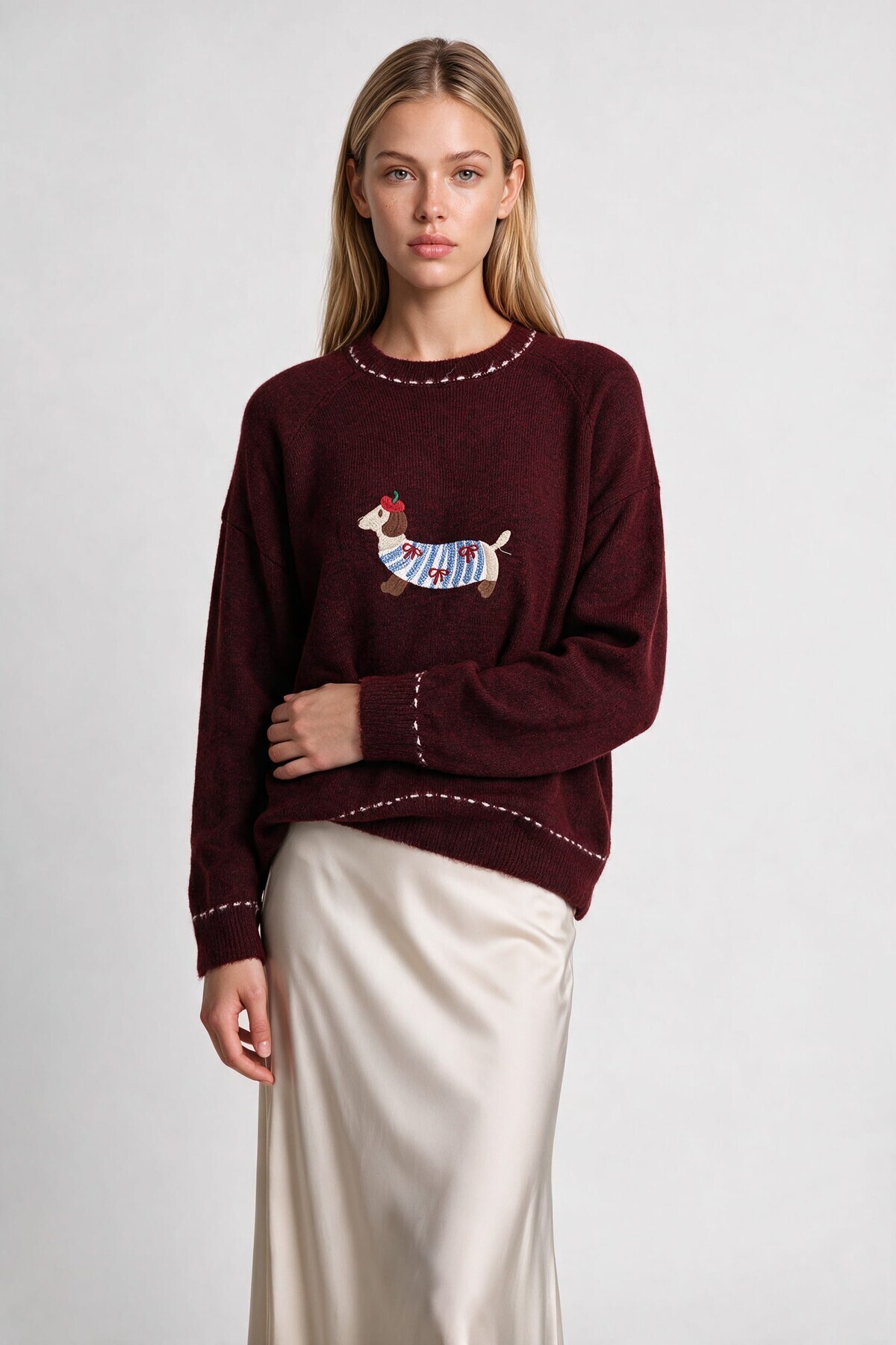 Nakış İşlemeli Oversize Triko Kazak BORDO LYY0150