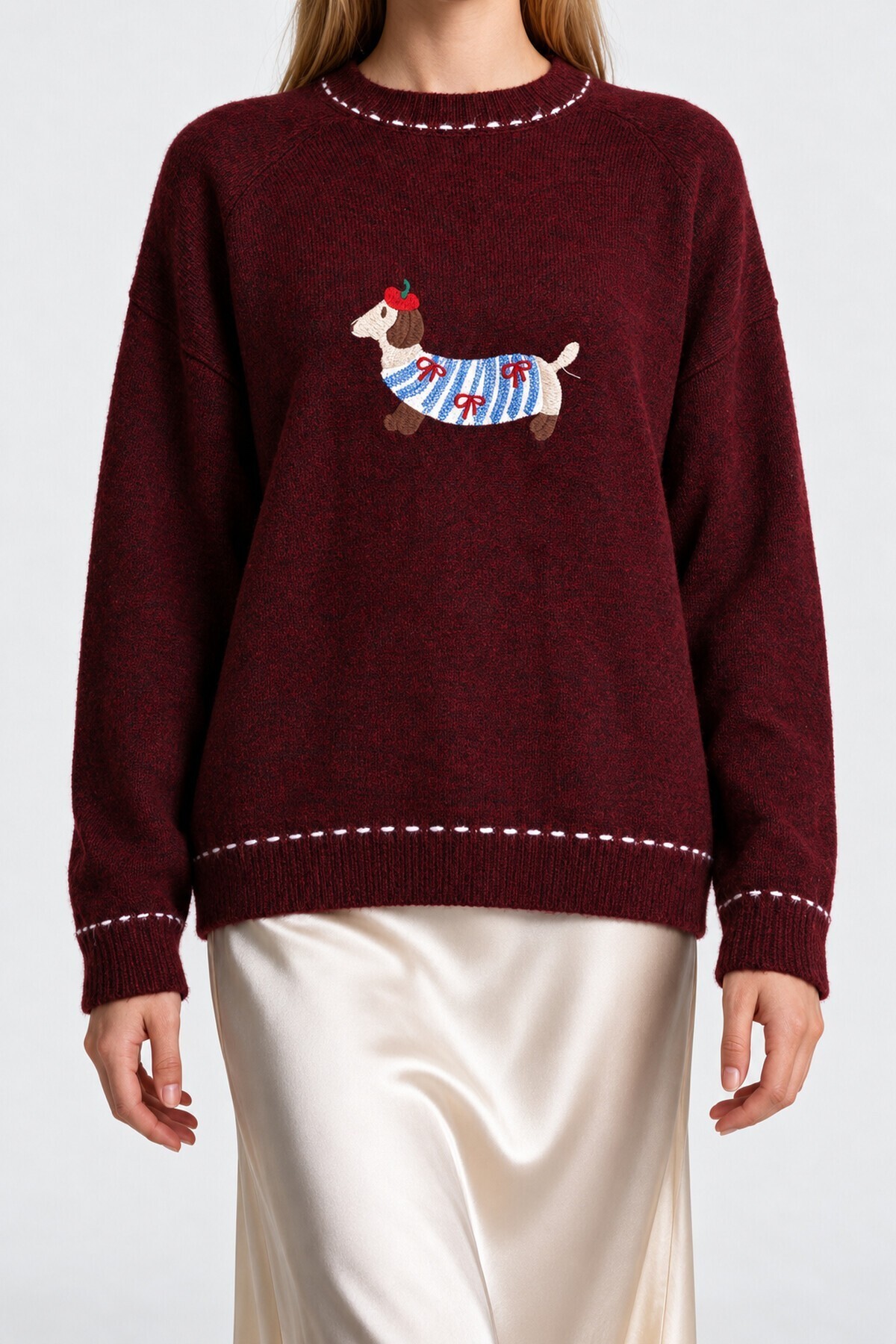 Nakış İşlemeli Oversize Triko Kazak BORDO LYY0150