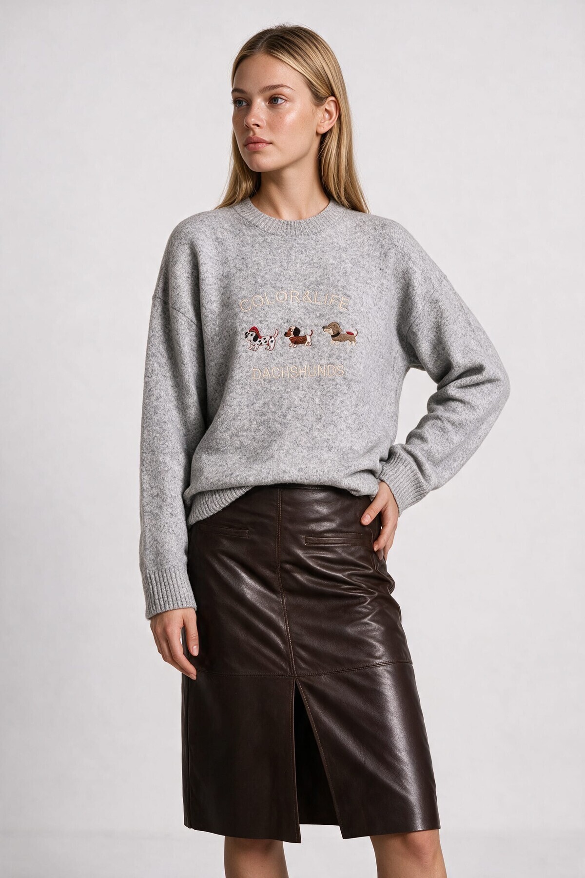 Nakış İşlemeli Oversize Triko Kazak GRİ LYY0149