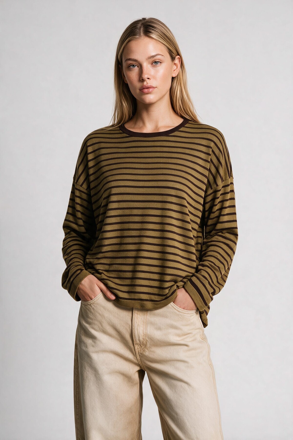 Oversize Çizgili Mevsimlik Kazak 4446 HAKİ KAHVERENGİ LKİ0077
