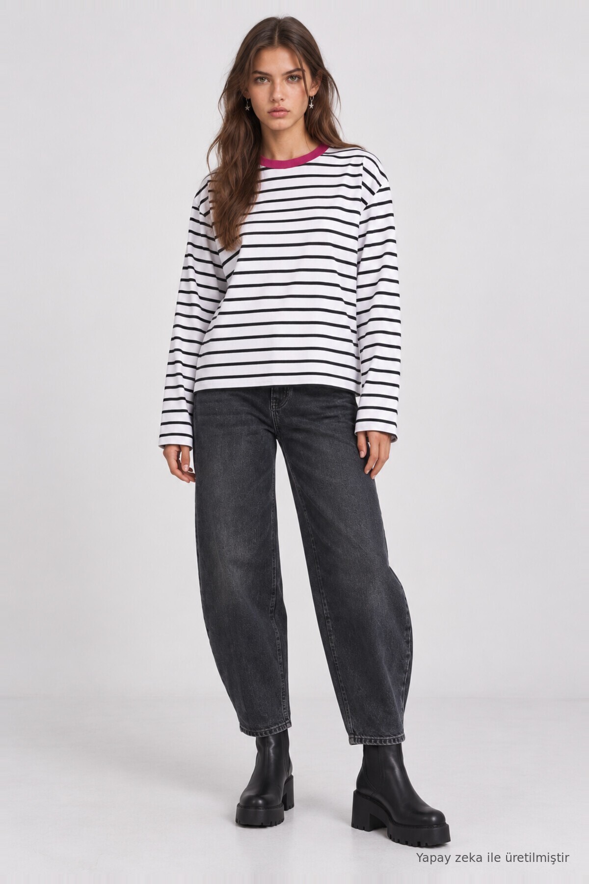 Oversize Çizgili Örme Sweatshirt EKRU SİYAH LRN0079