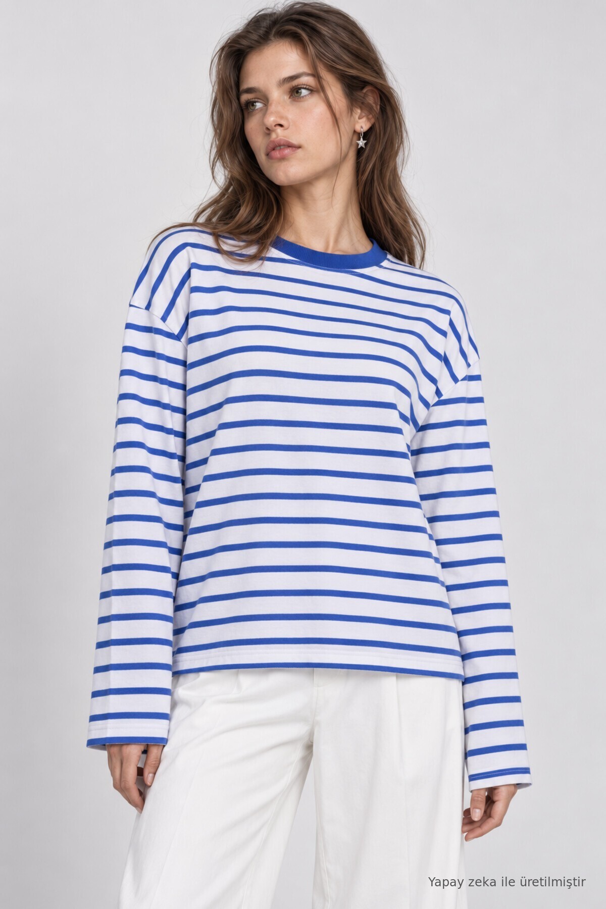 Oversize Çizgili Örme Sweatshirt MAVİ EKRU LRN0079