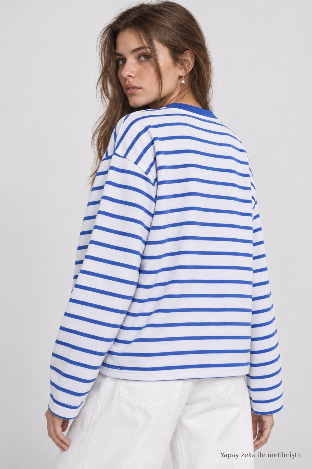Oversize Çizgili Örme Sweatshirt MAVİ EKRU LRN0079