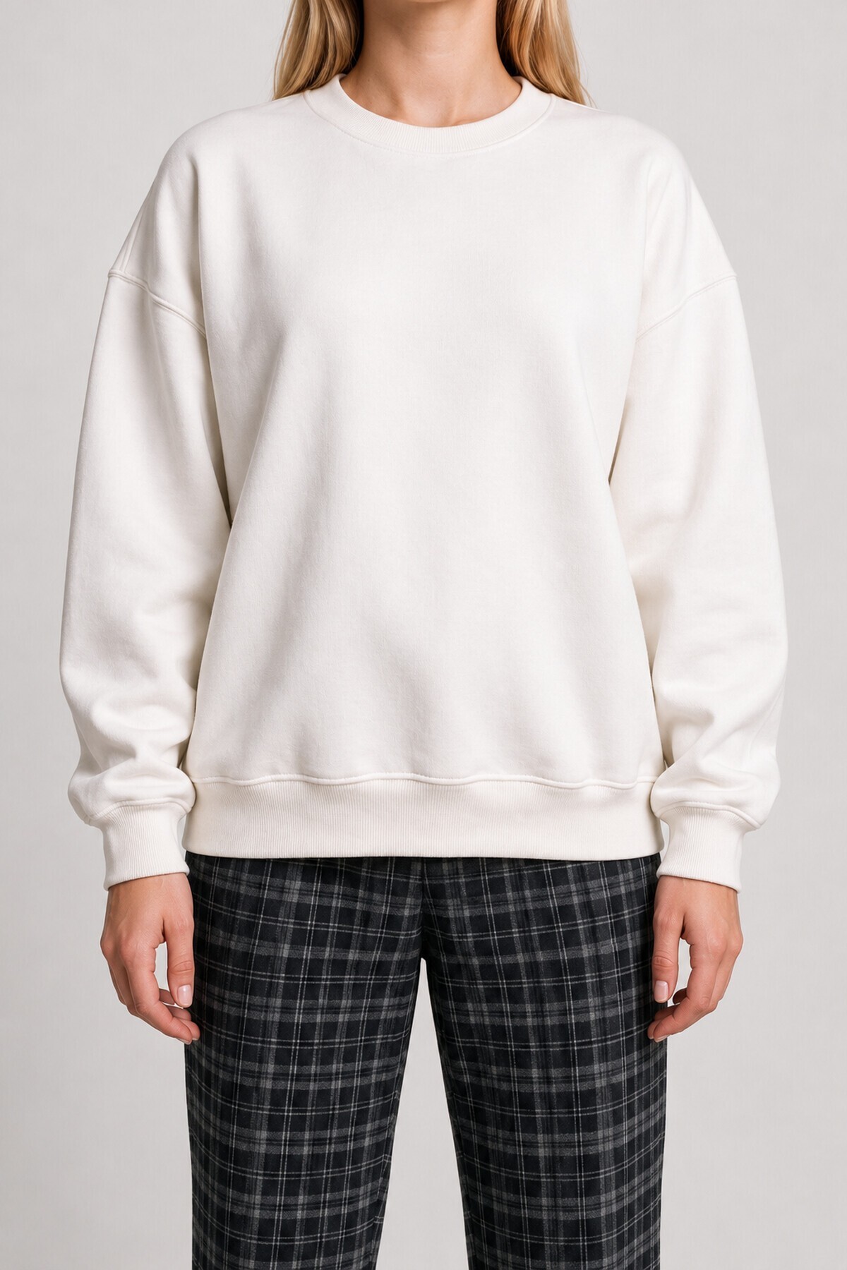 Oversize Şardonlu Basic Sweatshirt EKRU LRN0082