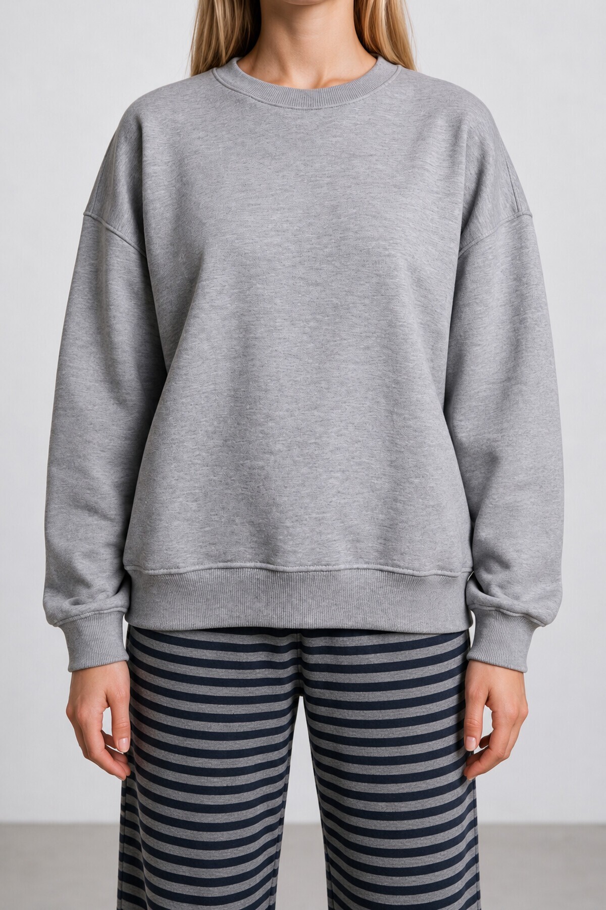 Oversize Şardonlu Basic Sweatshirt GRİ MELANJ LRN0082