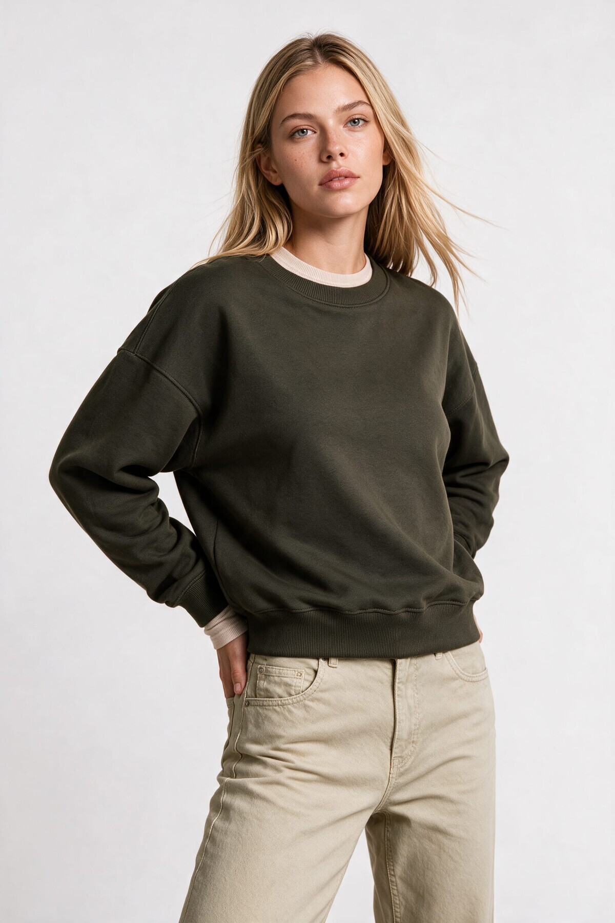 Oversize Şardonlu Basic Sweatshirt HAKİ LRN0082