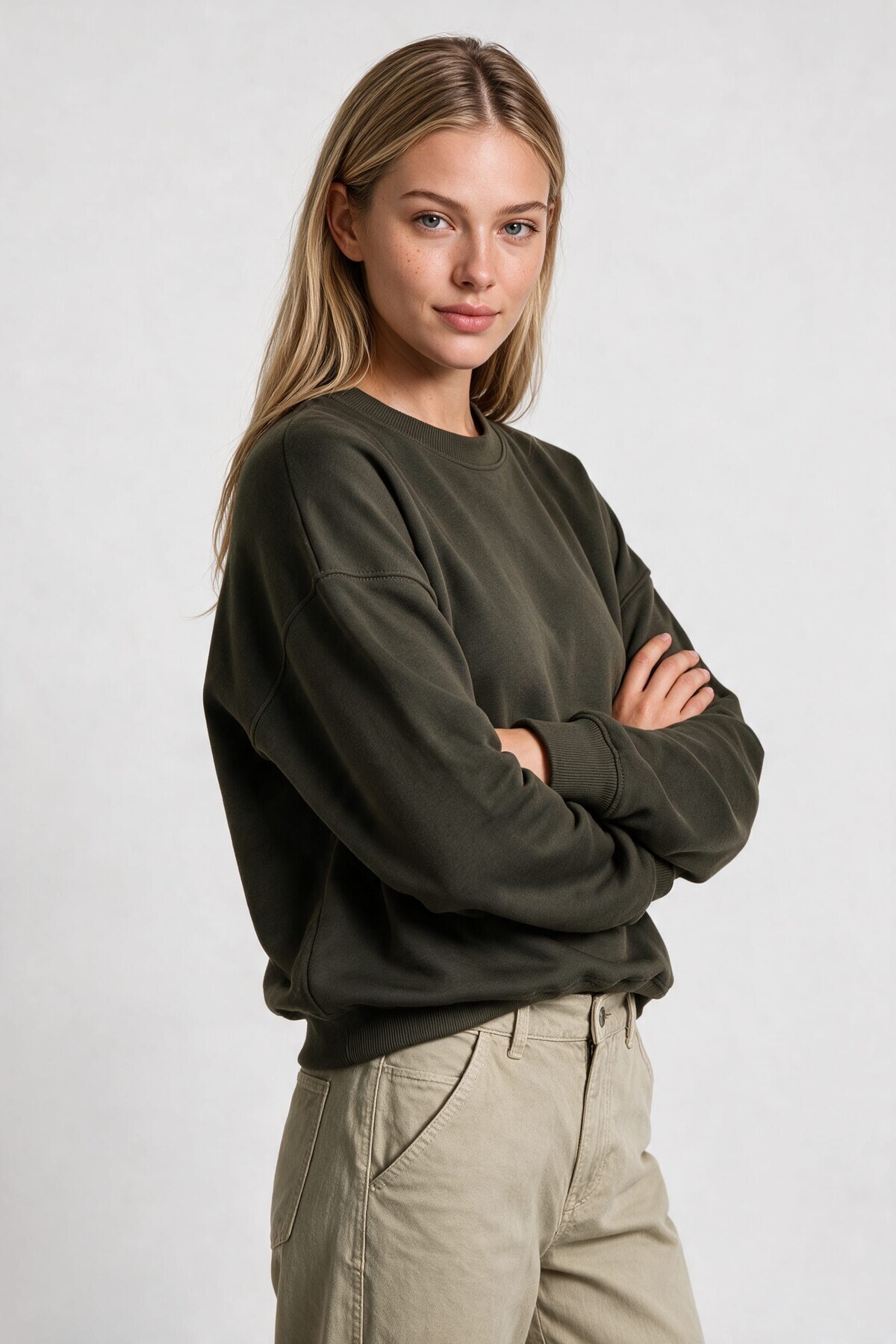 Oversize Şardonlu Basic Sweatshirt HAKİ LRN0082