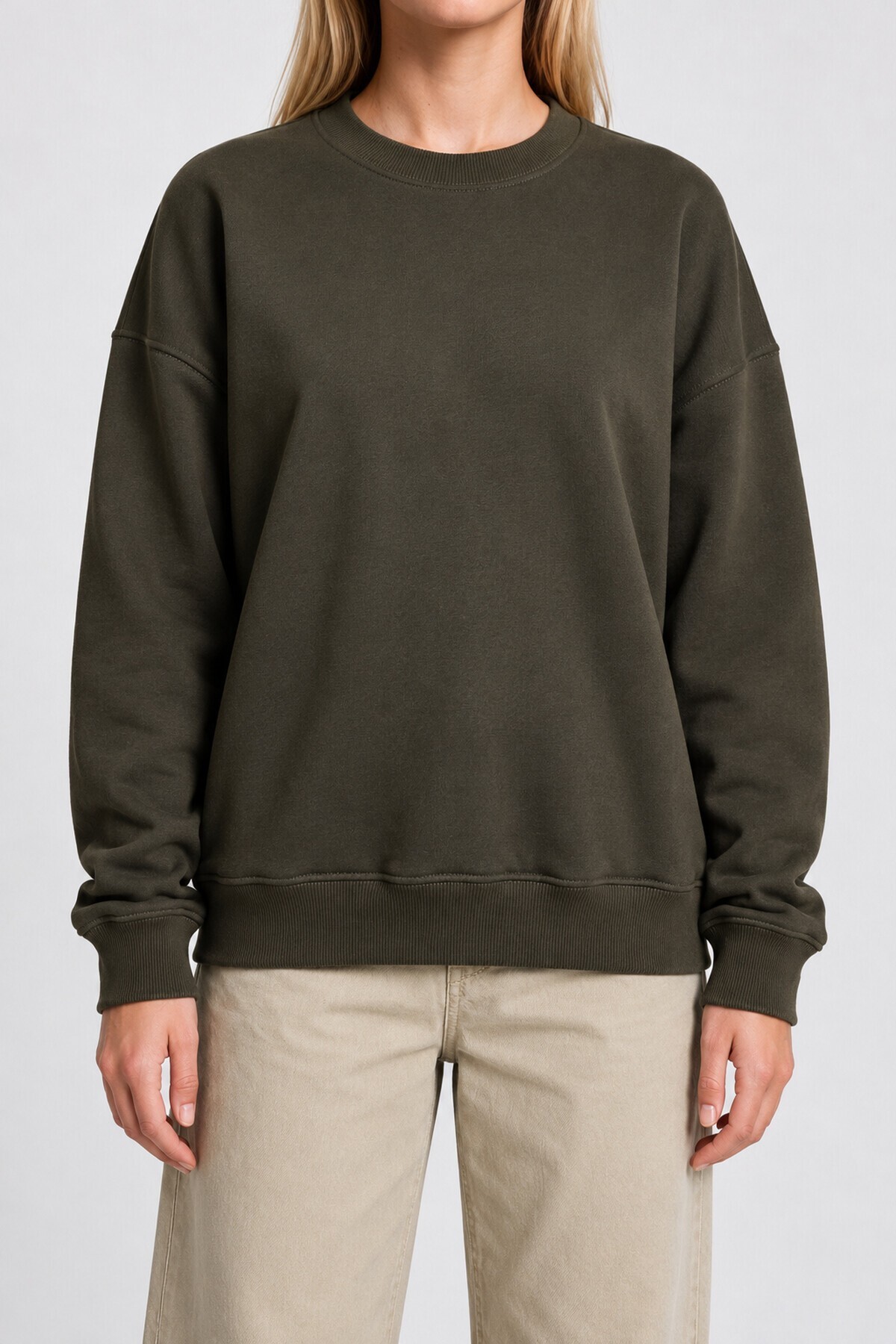 Oversize Şardonlu Basic Sweatshirt HAKİ LRN0082
