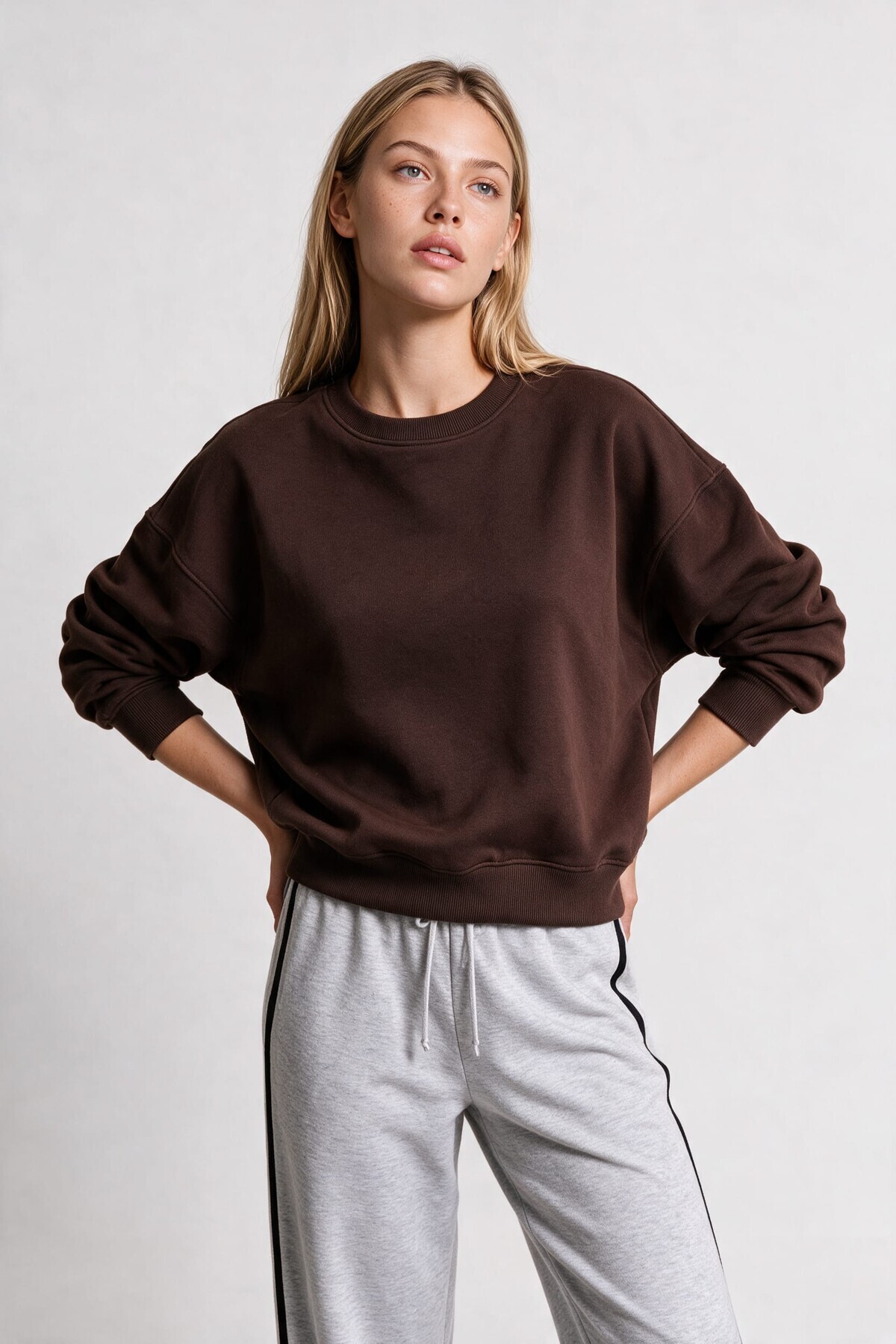 Oversize Şardonlu Basic Sweatshirt KAHVERENGİ LRN0082