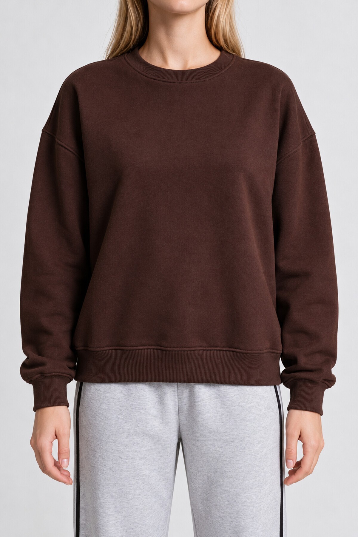 Oversize Şardonlu Basic Sweatshirt KAHVERENGİ LRN0082