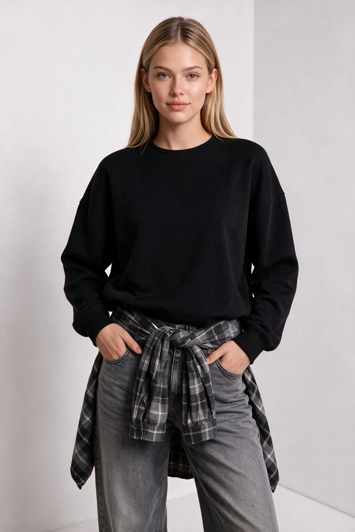 Oversize Şardonlu Basic Sweatshirt SİYAH LRN0082