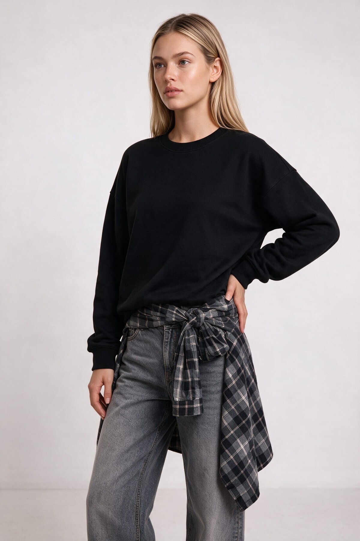 Oversize Şardonlu Basic Sweatshirt SİYAH LRN0082