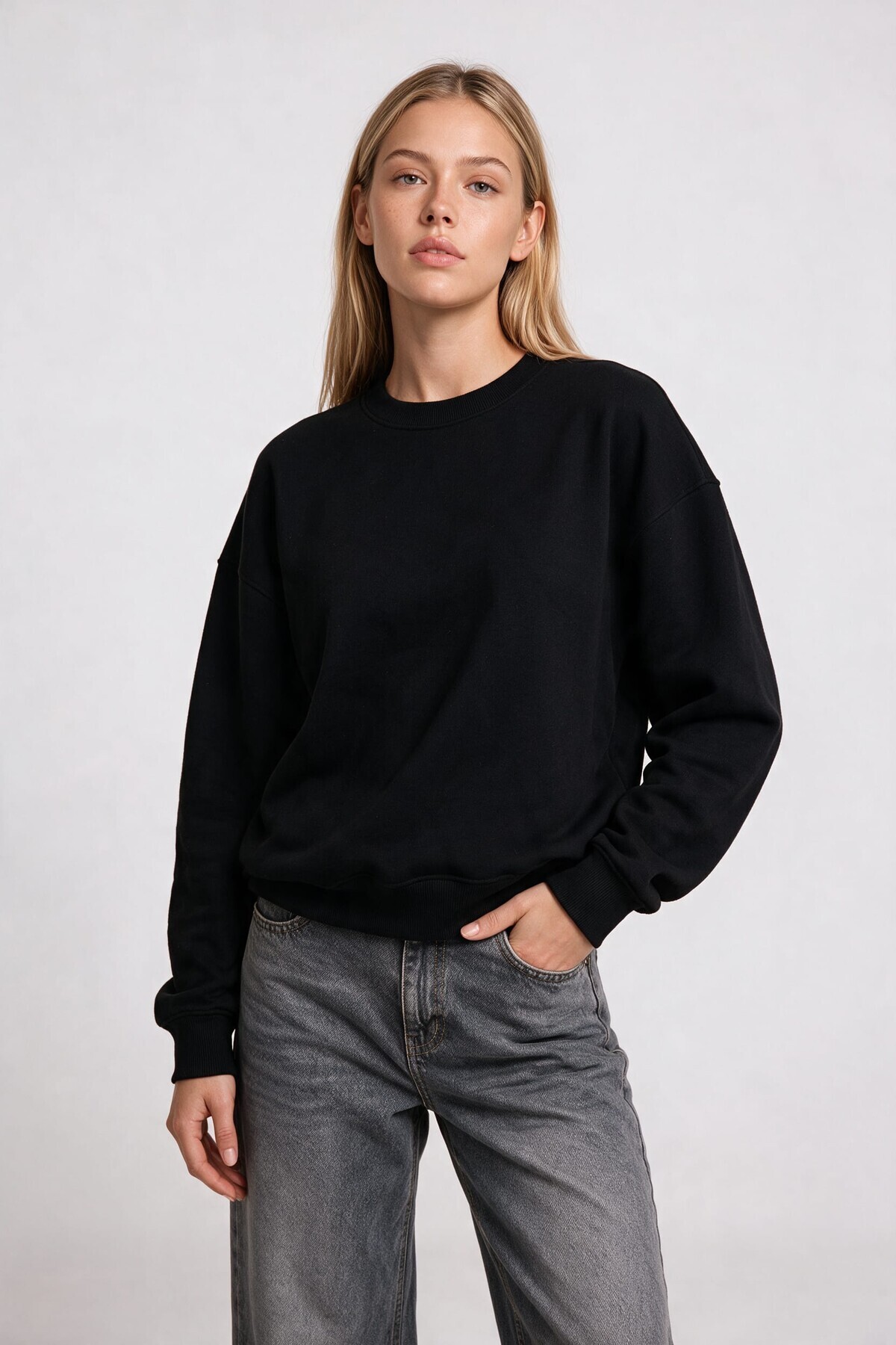 Oversize Şardonlu Basic Sweatshirt SİYAH LRN0082