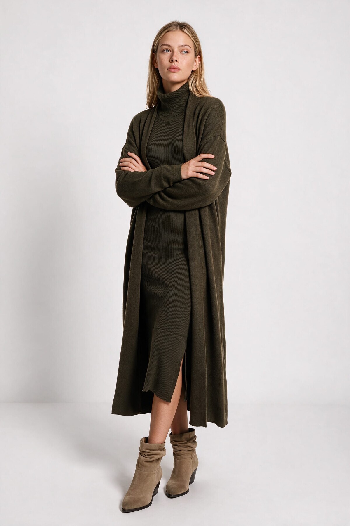 Oversize Uzun Triko Hırka HAKİ LMA0003