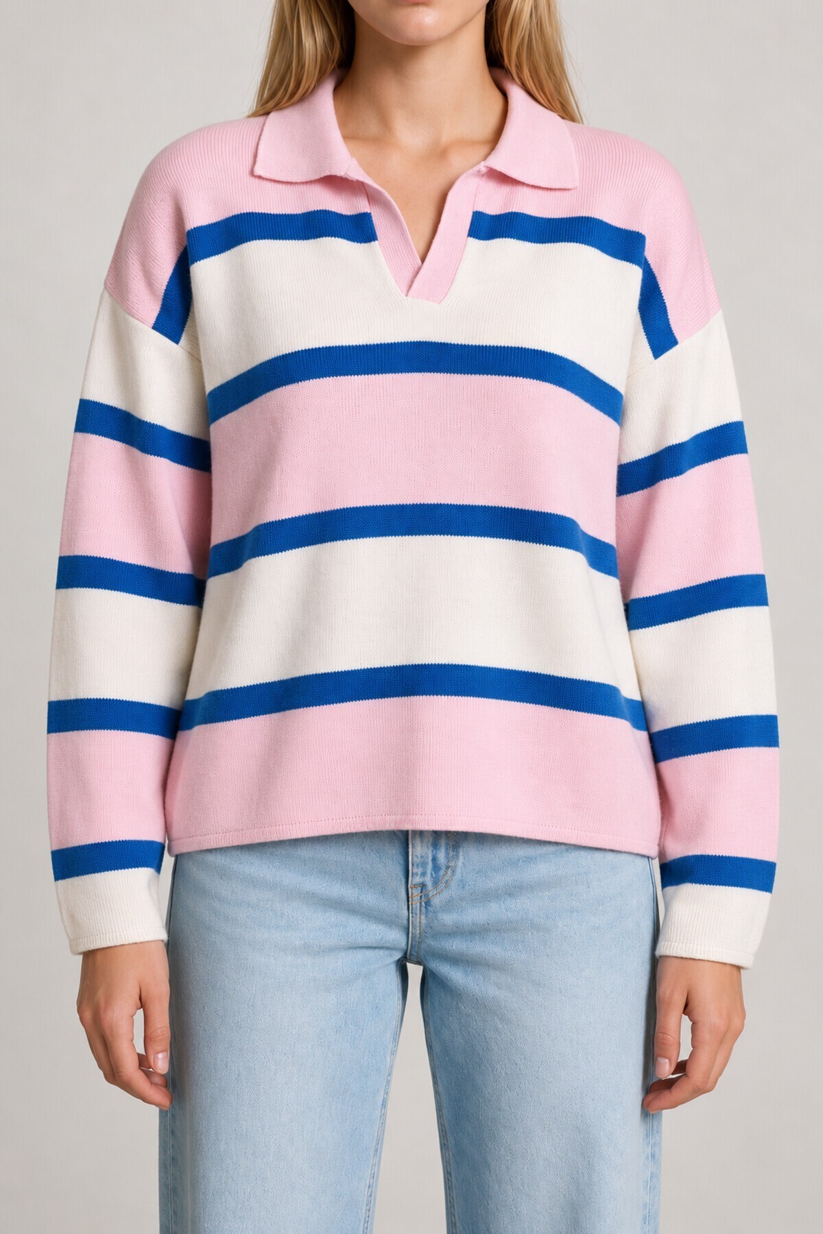 Polo Yaka Çizgili Triko Kazak PEMBE MAVİ LNT0047