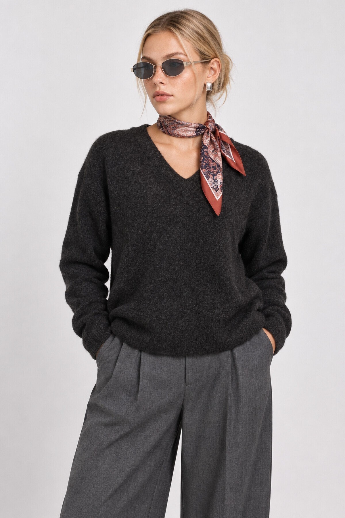 V Yaka Oversize Triko Kazak 4289 ANTRASİT LKİ0061