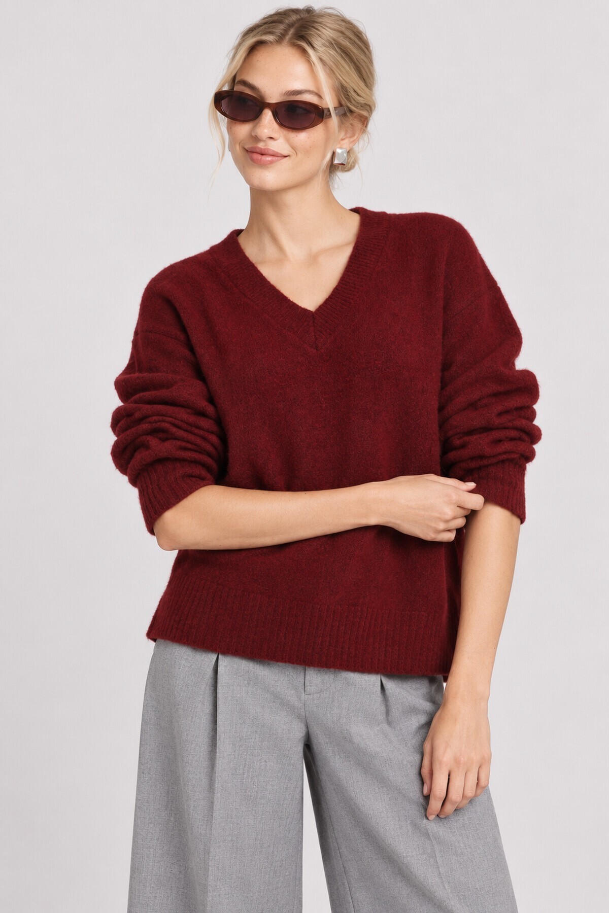 V Yaka Oversize Triko Kazak 4289 BORDO LKİ0061