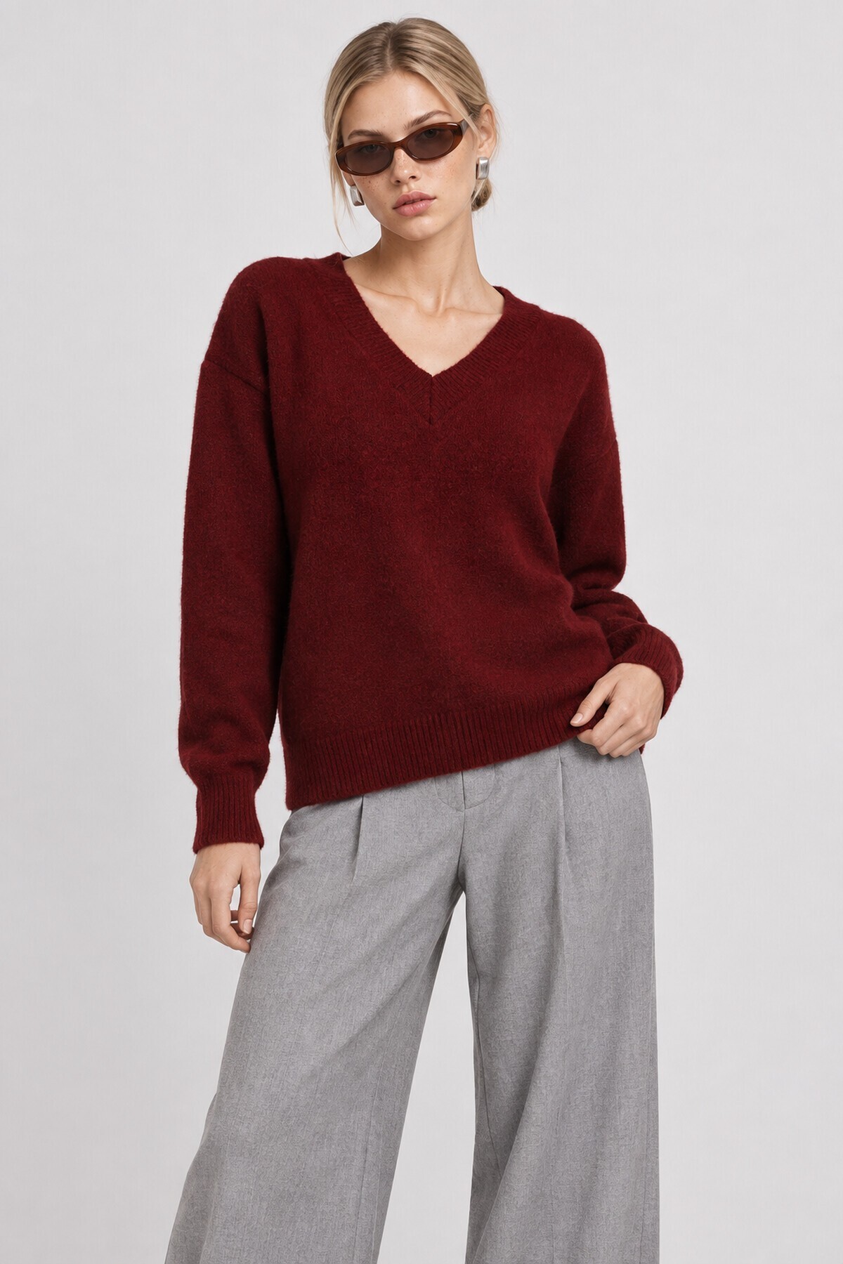 V Yaka Oversize Triko Kazak 4289 BORDO LKİ0061