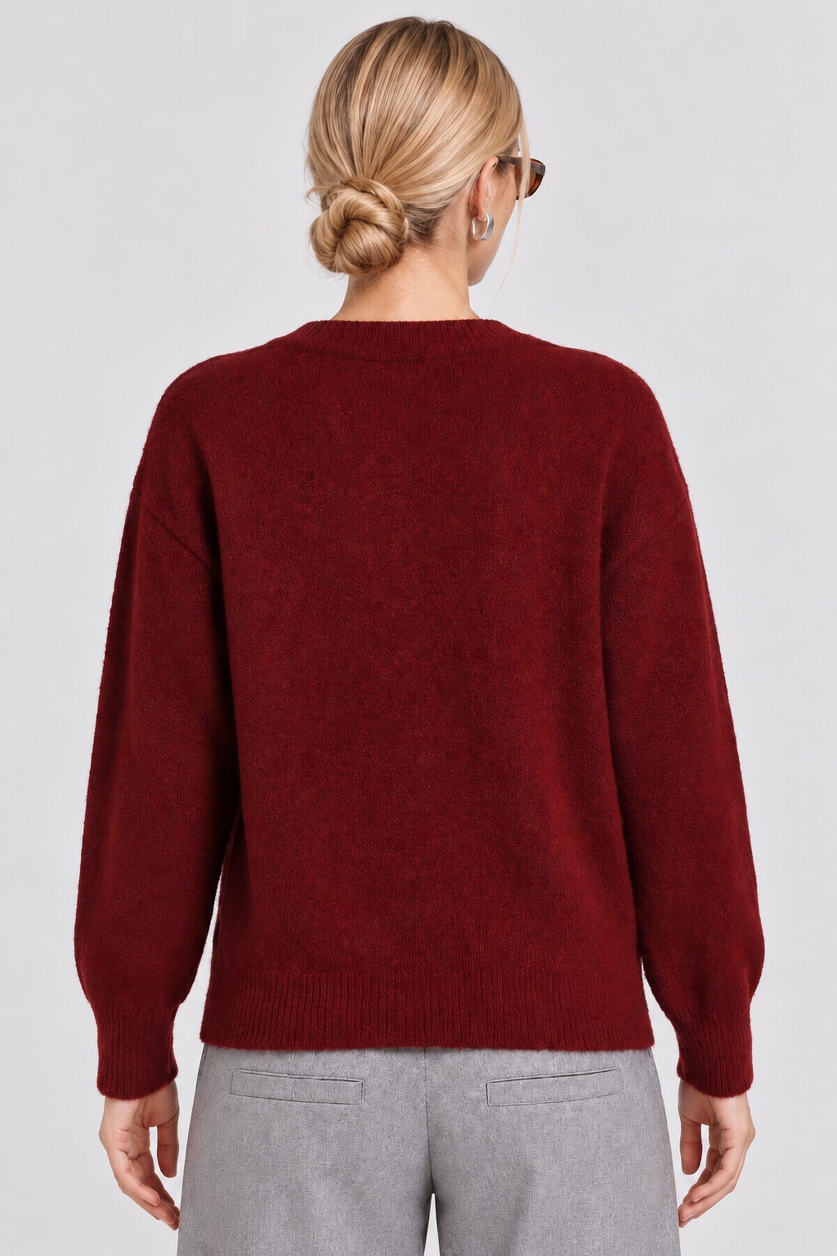 V Yaka Oversize Triko Kazak 4289 BORDO LKİ0061