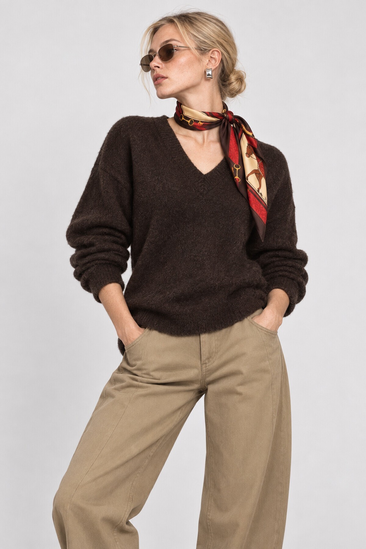 V Yaka Oversize Triko Kazak 4289 KAHVERENGİ LKİ0061