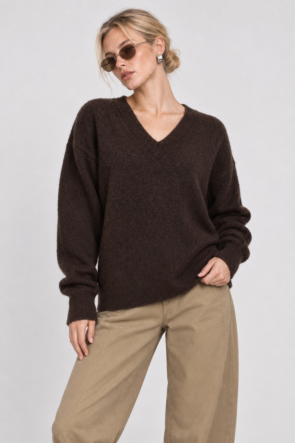 V Yaka Oversize Triko Kazak 4289 KAHVERENGİ LKİ0061