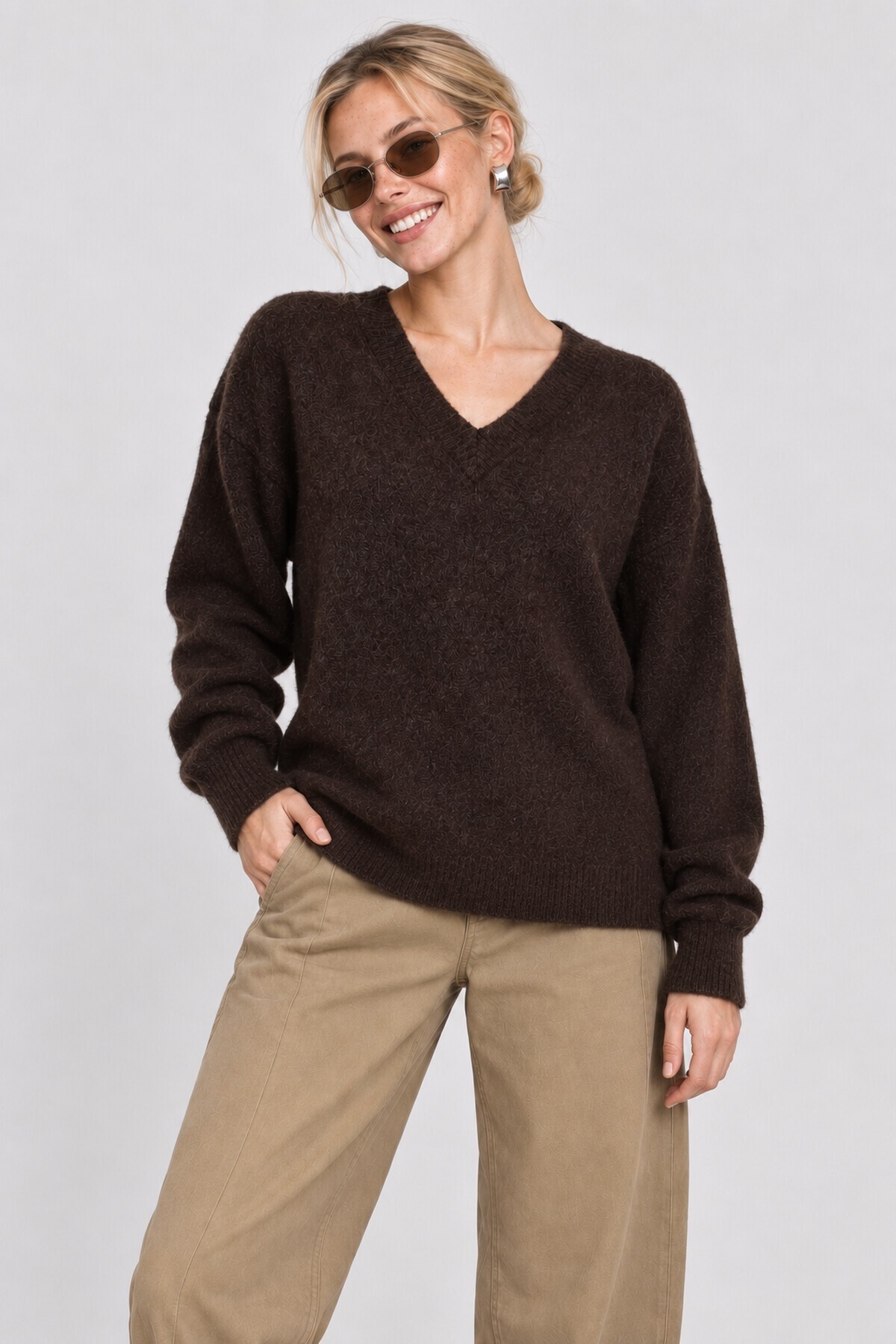 V Yaka Oversize Triko Kazak 4289 KAHVERENGİ LKİ0061