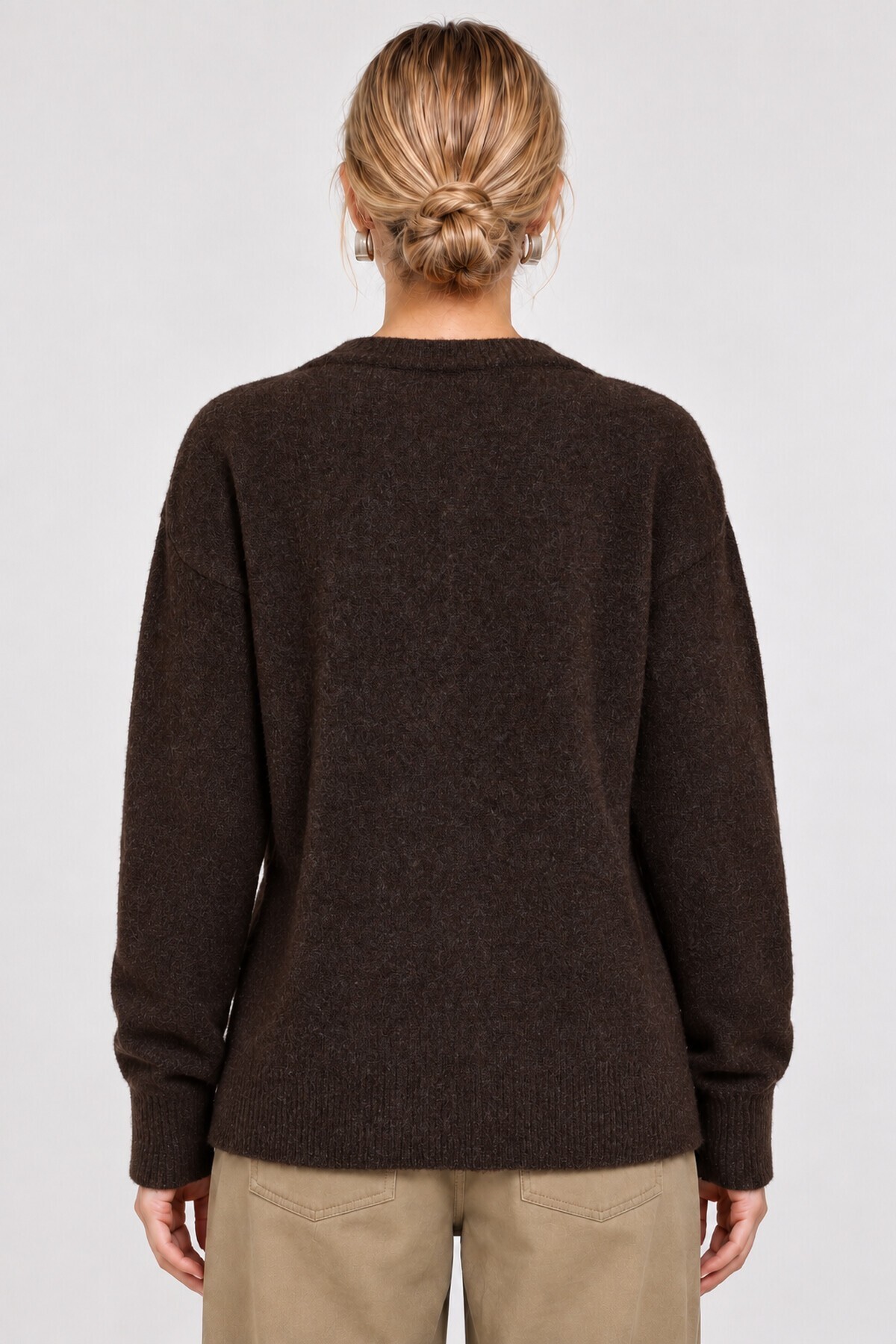 V Yaka Oversize Triko Kazak 4289 KAHVERENGİ LKİ0061