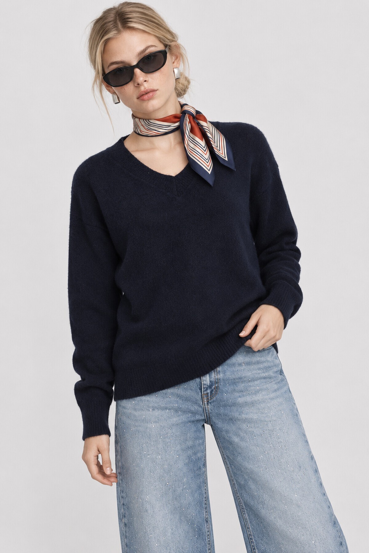 V Yaka Oversize Triko Kazak 4289 LACİVERT LKİ0061