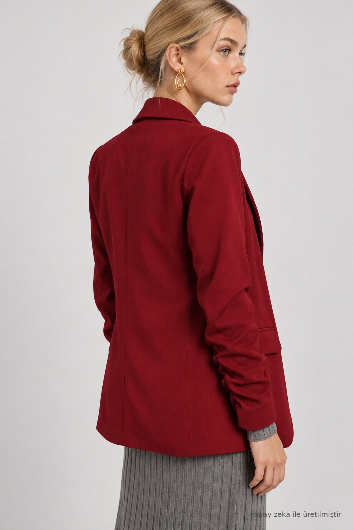 Vatkalı Büzgü Detaylı Dokuma Blazer Ceket BORDO LNT0050