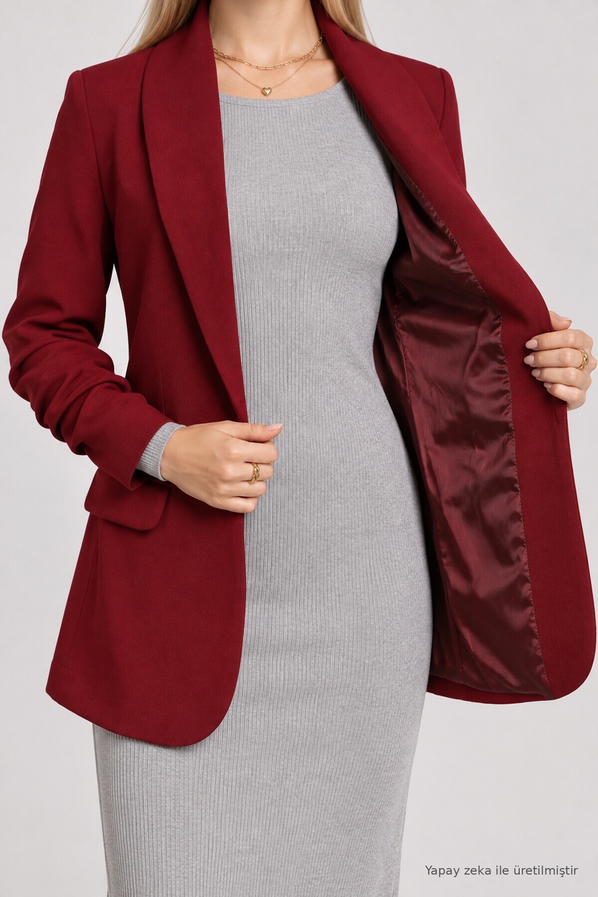 Vatkalı Büzgü Detaylı Dokuma Blazer Ceket BORDO LNT0050