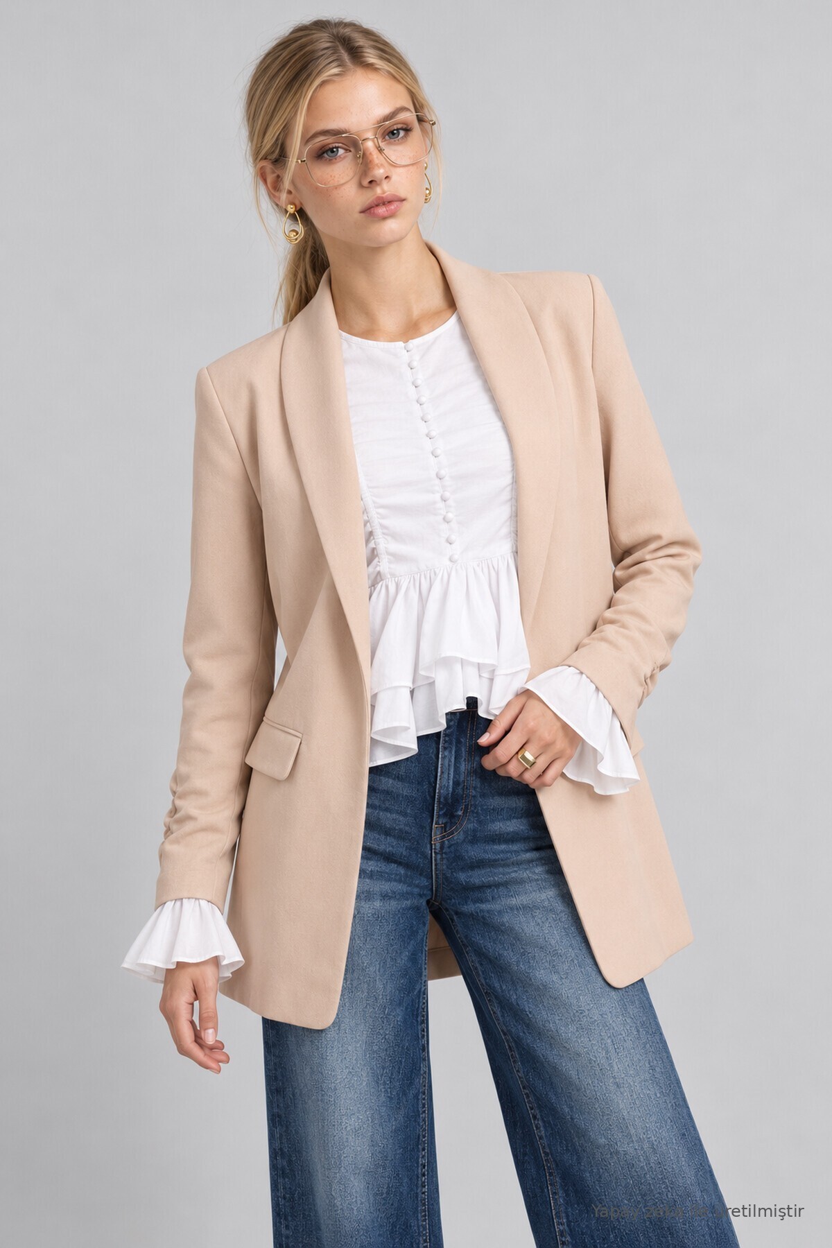 Vatkalı Büzgü Detaylı Dokuma Blazer Ceket KREM LNT0050