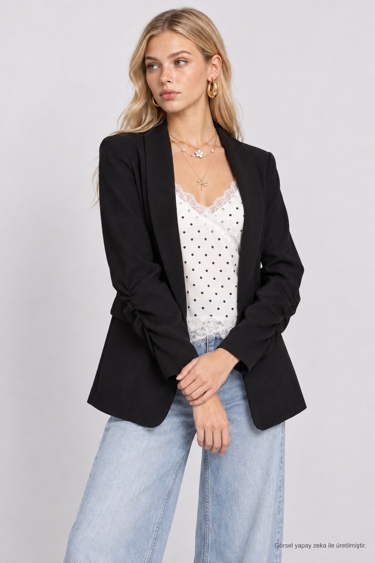 Vatkalı Büzgü Detaylı Dokuma Blazer Ceket SİYAH LNT0050