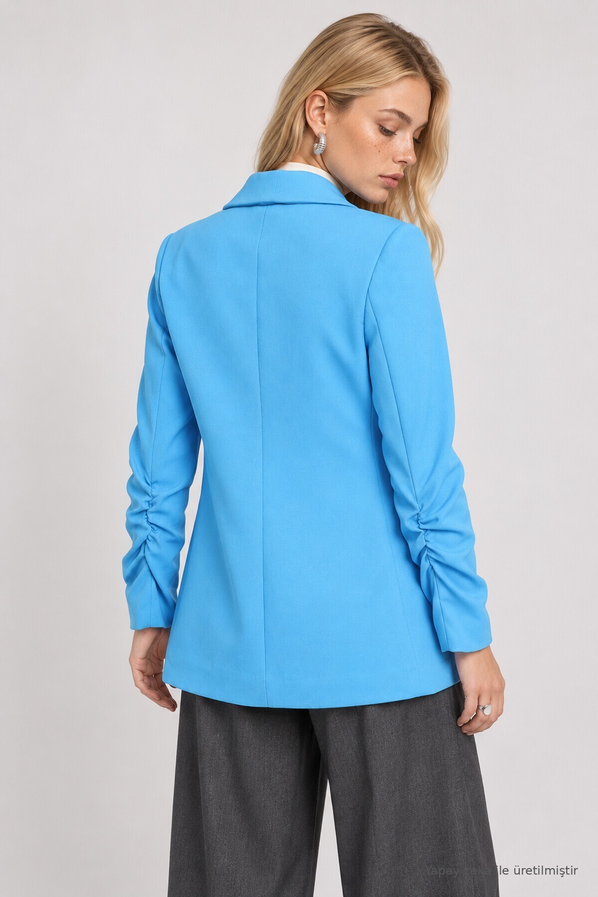 Vatkalı Büzgü Detaylı Dokuma Blazer Ceket TURKUAZ LNT0050