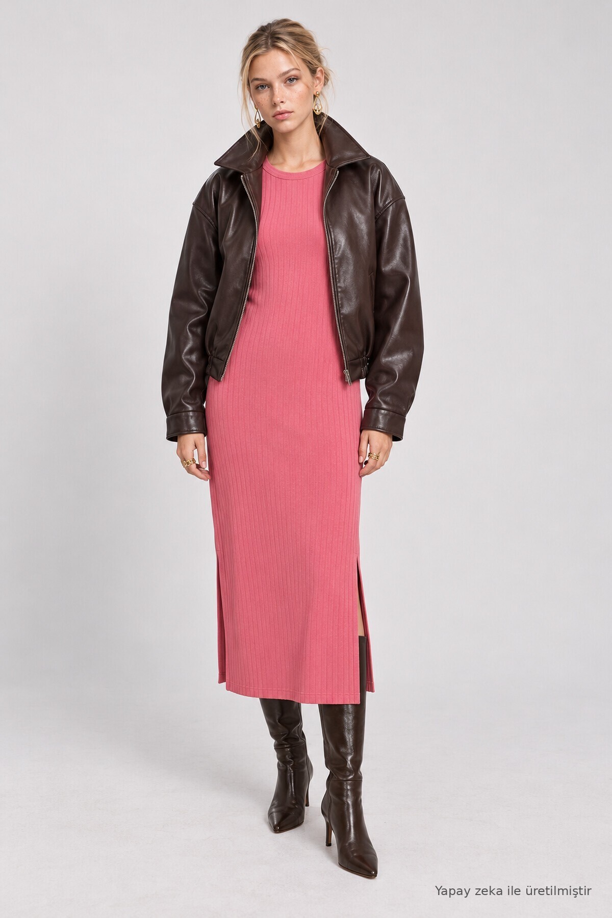 Yırtmaçlı Fitilli Örme Elbise PEMBE LNZ0011