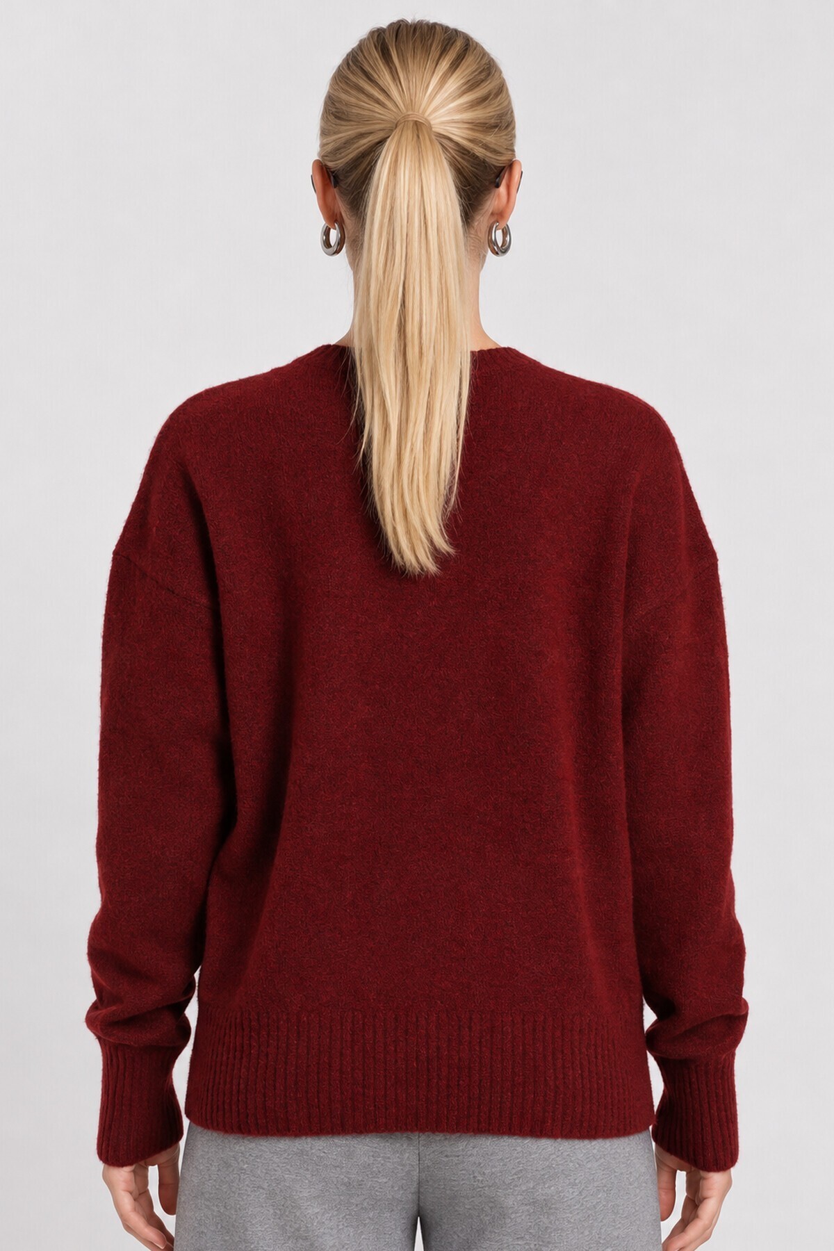 Yün Karışımlı Oversize Triko Kazak 4270 BORDO LKİ0062