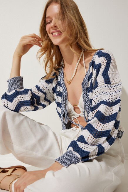 ÇİZGİLİ AJURLU MEVSİMLİK TRİKO HIRKA