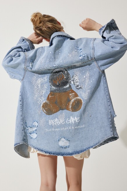 EL YAPIMI BOYAMALI OVERSİZE DENİM CEKET