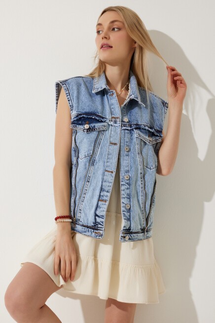 FERMUAR DETAYLI PREMIUM TASARIM DENİM YELEK