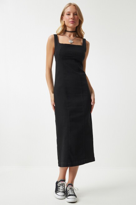 FERMUARLI ASKILI MİDİ DENİM ELBİSE