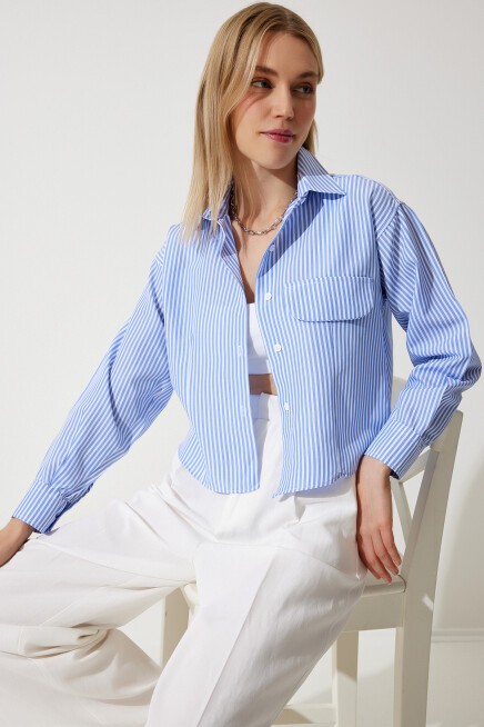 İNCE ÇİZGİLİ CROP POPLİN GÖMLEK