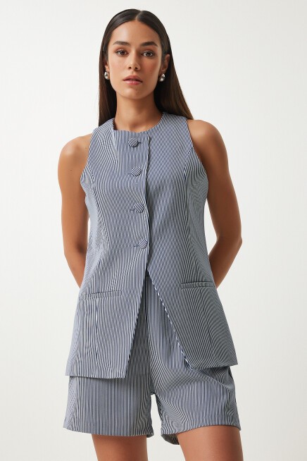 İNCE ÇİZGİLİ DOKUMA YELEK ŞORT TAKIM