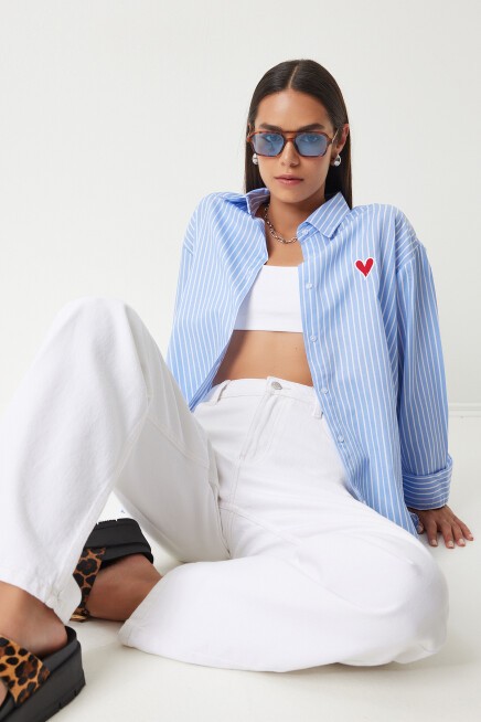 KALP NAKIŞLI ÇİZGİLİ OVERSIZE POPLİN GÖMLEK