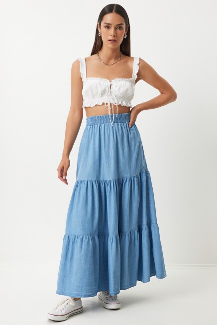 VOLANLI UZUN DENİM YELEK