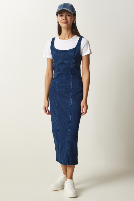 FERMUARLI ASKILI MİDİ DENİM ELBİSE